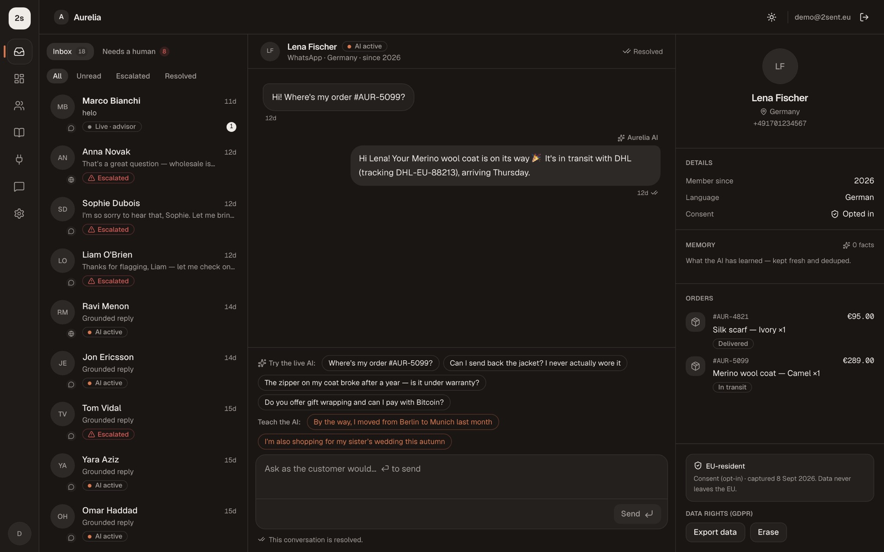 2Sent inbox — a unified customer conversation with orders and memory