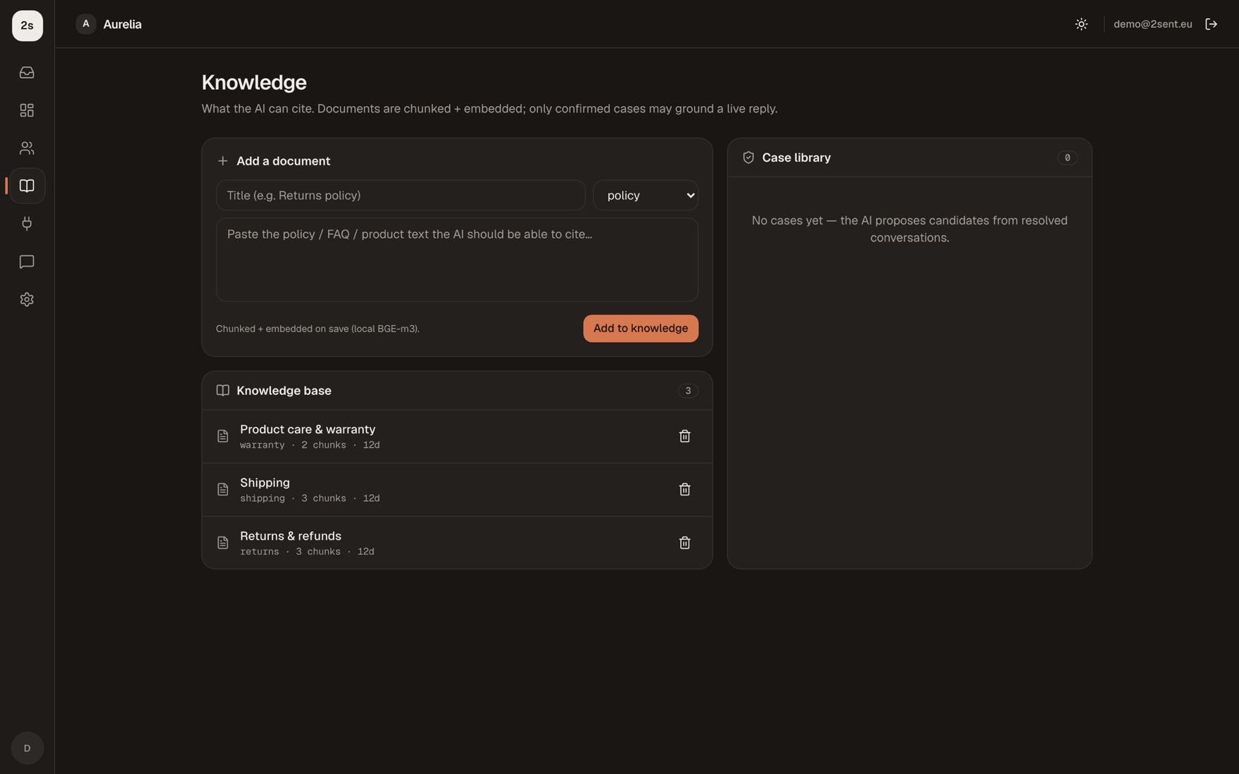 2Sent knowledge base — documents chunked and embedded for grounded replies