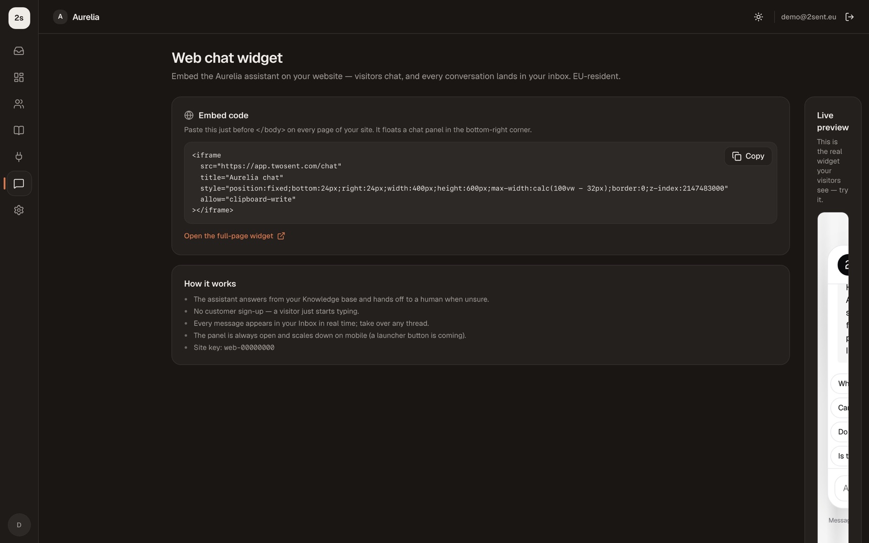 2Sent web chat widget — embeddable, no sign-up, lands in the inbox